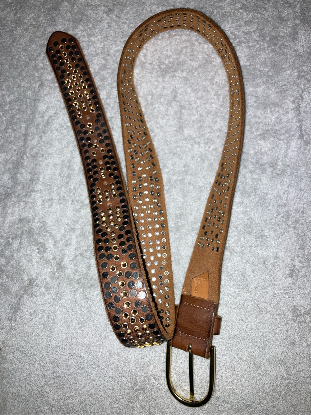 Studded Brown Leather Belt with Metallic Accents - Picture 2 of 4